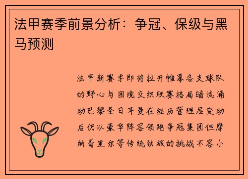 法甲赛季前景分析：争冠、保级与黑马预测