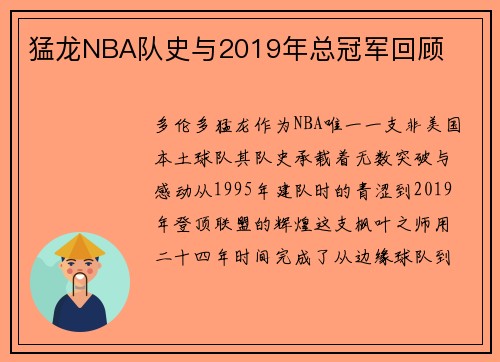 猛龙NBA队史与2019年总冠军回顾