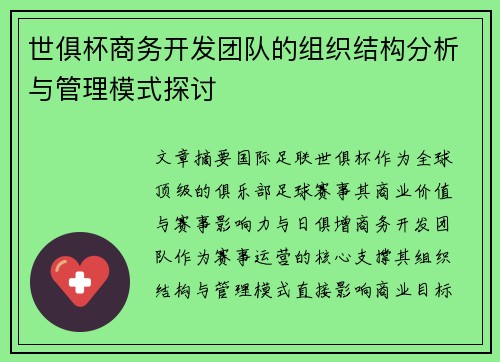 世俱杯商务开发团队的组织结构分析与管理模式探讨
