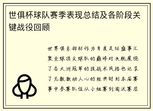 世俱杯球队赛季表现总结及各阶段关键战役回顾